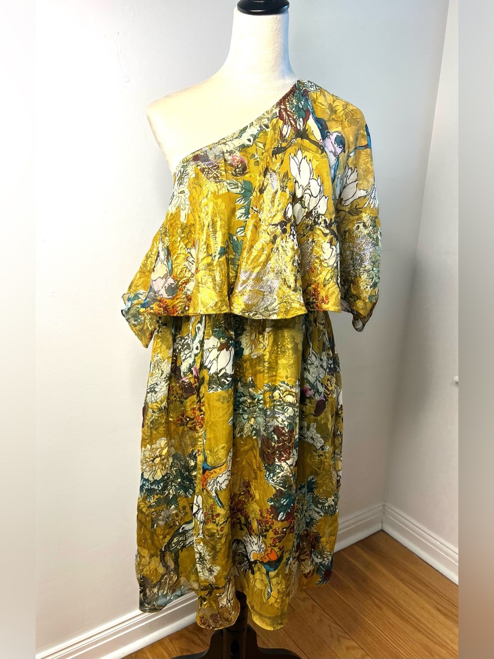 Anthropologie Hemant & Nandita One-Shoulder Floral Ruffle Dress Party SZ XL EUC
